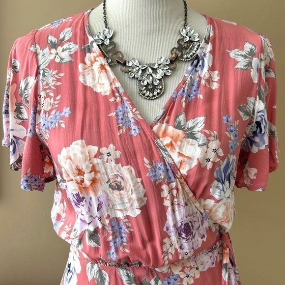 Auguste The Label Pascal Muse Floral Wrap Maxi Dress Pink Peach Short Sleeve 8 - Picture 12 of 16